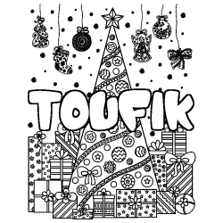 Coloriage pr&eacute;nom TOUFIK - d&eacute;cor Sapin et Cadeaux