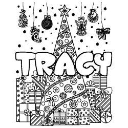 Coloriage prénom TRACY - décor Sapin et Cadeaux