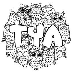 Coloriage pr&eacute;nom TYA - d&eacute;cor Chouettes