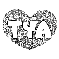 Coloriage pr&eacute;nom TYA - d&eacute;cor Mandala coeur