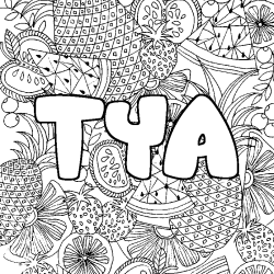 Coloriage pr&eacute;nom TYA - d&eacute;cor Mandala fruits