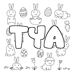 Coloriage pr&eacute;nom TYA - d&eacute;cor Paques