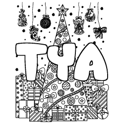 Coloriage pr&eacute;nom TYA - d&eacute;cor Sapin et Cadeaux