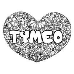 Coloriage pr&eacute;nom TYMEO - d&eacute;cor Mandala coeur