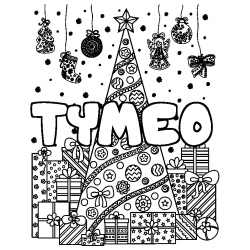 Coloriage pr&eacute;nom TYMEO - d&eacute;cor Sapin et Cadeaux
