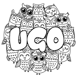 Coloriage prénom UGO - décor Chouettes