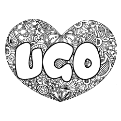 Coloriage pr&eacute;nom UGO - d&eacute;cor Mandala coeur