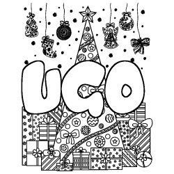 Coloriage pr&eacute;nom UGO - d&eacute;cor Sapin et Cadeaux