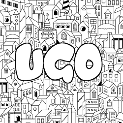 Coloriage pr&eacute;nom UGO - d&eacute;cor Ville