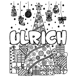 Coloriage pr&eacute;nom ULRICH - d&eacute;cor Sapin et Cadeaux
