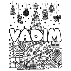 Coloriage pr&eacute;nom VADIM - d&eacute;cor Sapin et Cadeaux