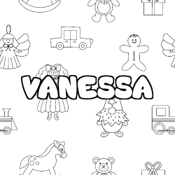 Coloriage pr&eacute;nom VANESSA - d&eacute;cor Jouets