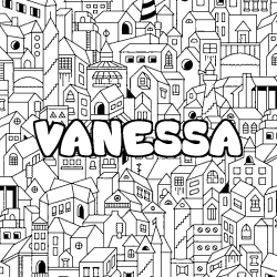 Coloriage pr&eacute;nom VANESSA - d&eacute;cor Ville