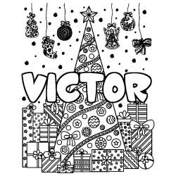 Coloriage pr&eacute;nom VICTOR - d&eacute;cor Sapin et Cadeaux