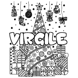 Coloriage pr&eacute;nom VIRGILE - d&eacute;cor Sapin et Cadeaux