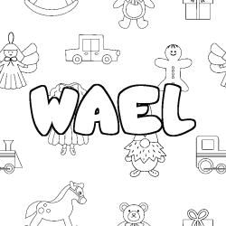 Coloriage pr&eacute;nom WAEL - d&eacute;cor Jouets