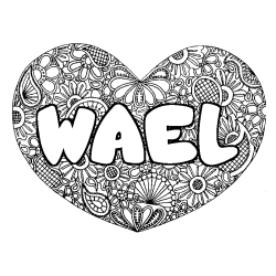 Coloriage prénom WAEL - décor Mandala coeur