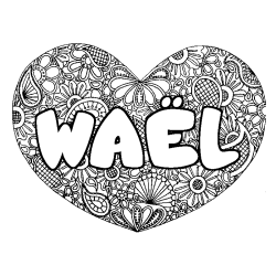 Coloriage pr&eacute;nom WA&Euml;L - d&eacute;cor Mandala coeur