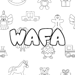 Coloriage pr&eacute;nom WAFA - d&eacute;cor Jouets