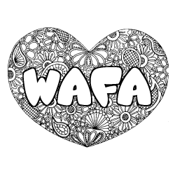 Coloriage pr&eacute;nom WAFA - d&eacute;cor Mandala coeur