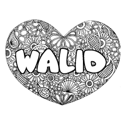 Coloriage pr&eacute;nom WALID - d&eacute;cor Mandala coeur