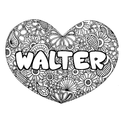 Coloriage pr&eacute;nom WALTER - d&eacute;cor Mandala coeur