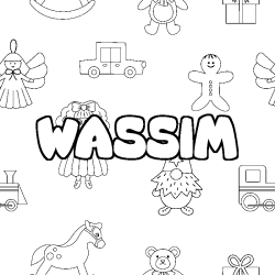 Coloriage pr&eacute;nom WASSIM - d&eacute;cor Jouets