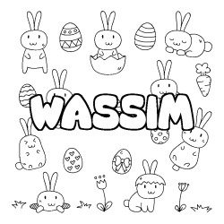 Coloriage prénom WASSIM - décor Paques