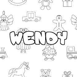 Coloriage pr&eacute;nom WENDY - d&eacute;cor Jouets