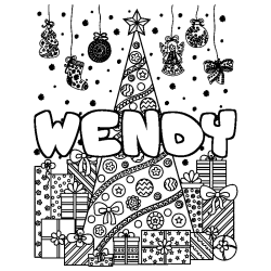 Coloriage prénom WENDY - décor Sapin et Cadeaux