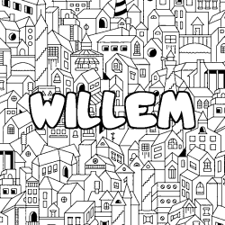Coloriage pr&eacute;nom WILLEM - d&eacute;cor Ville