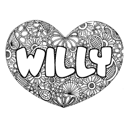 Coloriage pr&eacute;nom WILLY - d&eacute;cor Mandala coeur