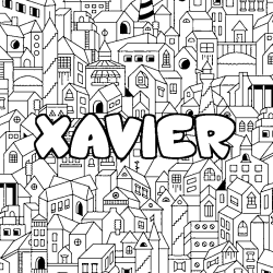 Coloriage pr&eacute;nom XAVIER - d&eacute;cor Ville