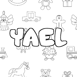 Coloriage pr&eacute;nom YAEL - d&eacute;cor Jouets