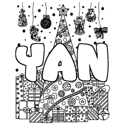 Coloriage pr&eacute;nom YAN - d&eacute;cor Sapin et Cadeaux