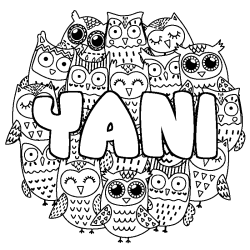 Coloriage pr&eacute;nom YANI - d&eacute;cor Chouettes