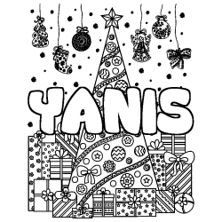 Coloriage prénom YANIS - décor Sapin et Cadeaux