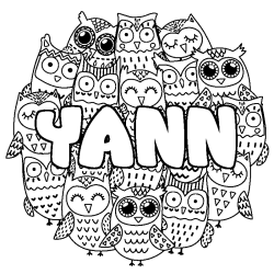 Coloriage pr&eacute;nom YANN - d&eacute;cor Chouettes