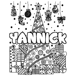 Coloriage pr&eacute;nom YANNICK - d&eacute;cor Sapin et Cadeaux