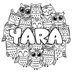 Coloriage pr&eacute;nom YARA - d&eacute;cor Chouettes