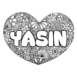 Coloriage pr&eacute;nom YASIN - d&eacute;cor Mandala coeur