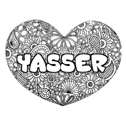 Coloriage pr&eacute;nom YASSER - d&eacute;cor Mandala coeur