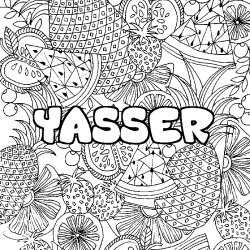 Coloriage pr&eacute;nom YASSER - d&eacute;cor Mandala fruits