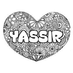 Coloriage pr&eacute;nom YASSIR - d&eacute;cor Mandala coeur