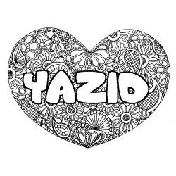 Coloriage pr&eacute;nom YAZID - d&eacute;cor Mandala coeur