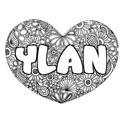 Coloriage pr&eacute;nom YLAN - d&eacute;cor Mandala coeur