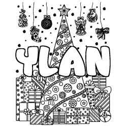 Coloriage prénom YLAN - décor Sapin et Cadeaux