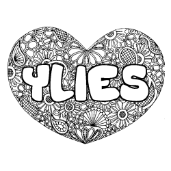 Coloriage pr&eacute;nom YLIES - d&eacute;cor Mandala coeur
