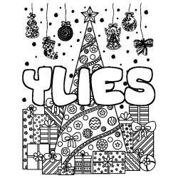 Coloriage pr&eacute;nom YLIES - d&eacute;cor Sapin et Cadeaux