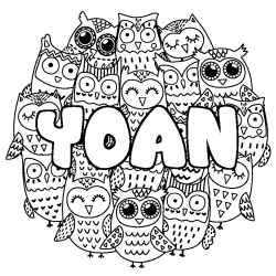Coloriage pr&eacute;nom YOAN - d&eacute;cor Chouettes